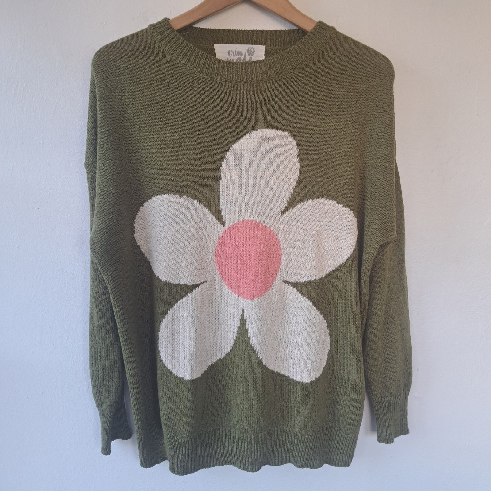 Erin Made Petal Pullover Sweater Women One Size Large Green Flower Floral Knit — image 2 of 8
